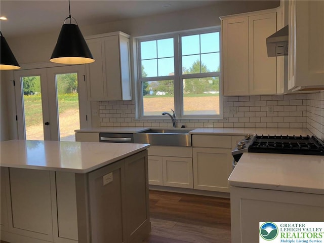 65 Island Ct, Williams Twp, PA 18042 - kitchen featuring a sink, light countertops, range hood, dark wood finished floors, and white cabinetry