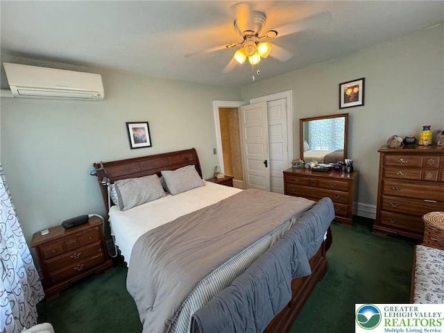 carpeted bedroom featuring a wall mounted AC, ceiling fan, and a closet