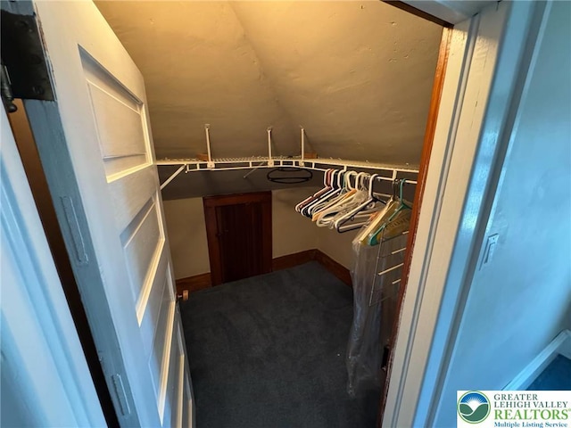 walk in closet with dark carpet and lofted ceiling