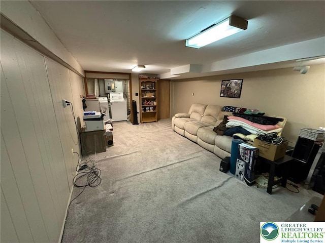 living area featuring light colored carpet