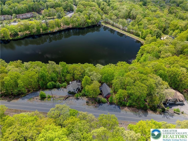 drone / aerial view of a heavily wooded area and a nearby body of water