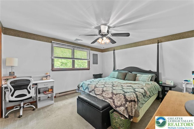 bedroom featuring a baseboard heating unit, carpet, an office area, and ceiling fan