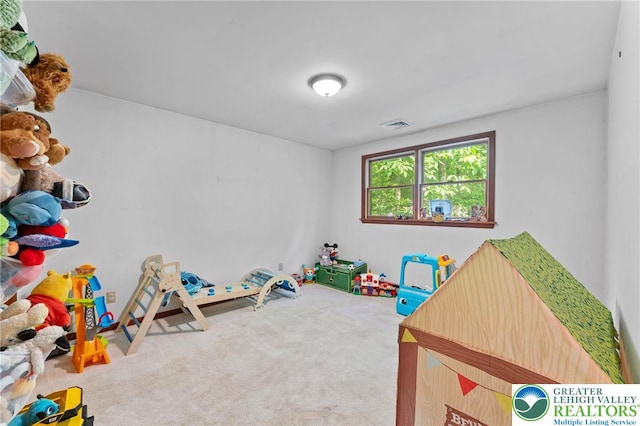 recreation room with carpet flooring