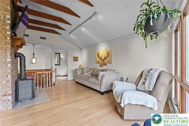 living room with lofted ceiling, wood finished floors, a wood stove, rail lighting, and a baseboard heating unit