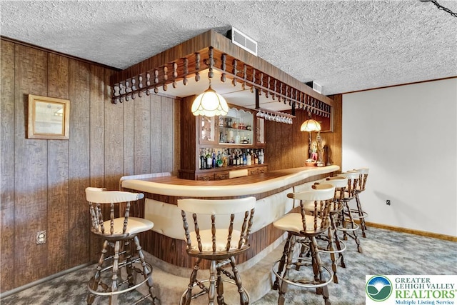 indoor dry bar with wooden walls, carpet, baseboards, and a textured ceiling