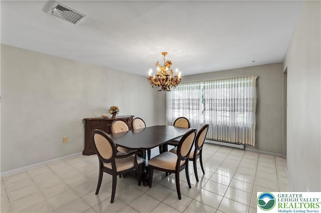 dining space featuring baseboard heating, a chandelier, baseboards, and light tile patterned floors