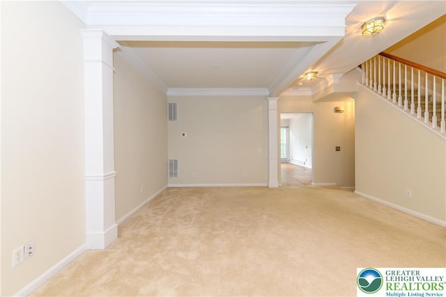 5221 Chandler Way S, Whitehall Twp, PA 18069 - empty room featuring ornate columns, ornamental molding, light colored carpet, stairs, and baseboards