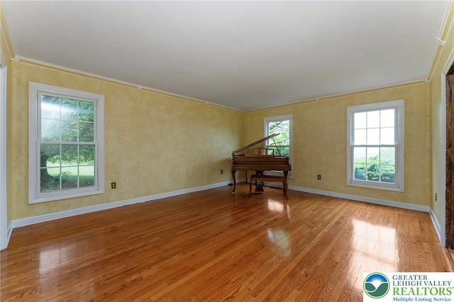 empty room featuring ornamental molding, light wood-style flooring, and baseboards