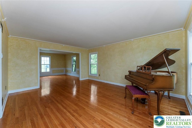 living area featuring ornamental molding, light wood-type flooring, and baseboards
