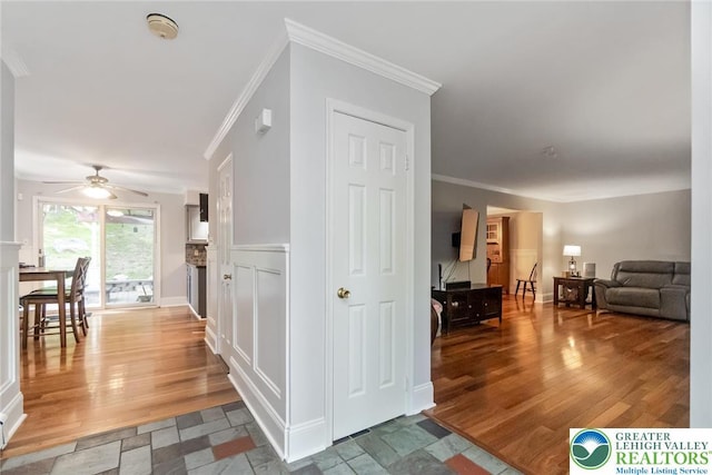 corridor featuring crown molding, wood finished floors, and a wainscoted wall
