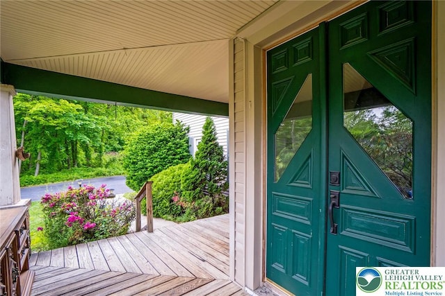 view of exterior entry with a porch