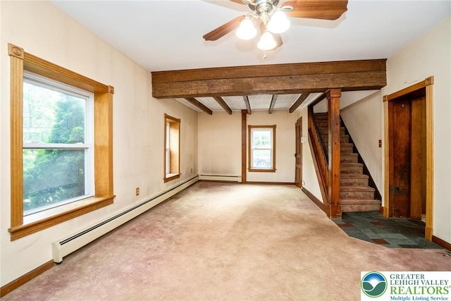 unfurnished living room featuring stairway, carpet flooring, baseboards, baseboard heating, and beam ceiling