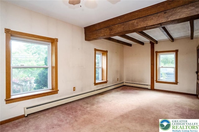 spare room with baseboard heating, carpet floors, beamed ceiling, baseboards, and a ceiling fan