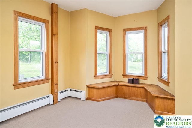 unfurnished room with baseboard heating, carpet floors, and plenty of natural light