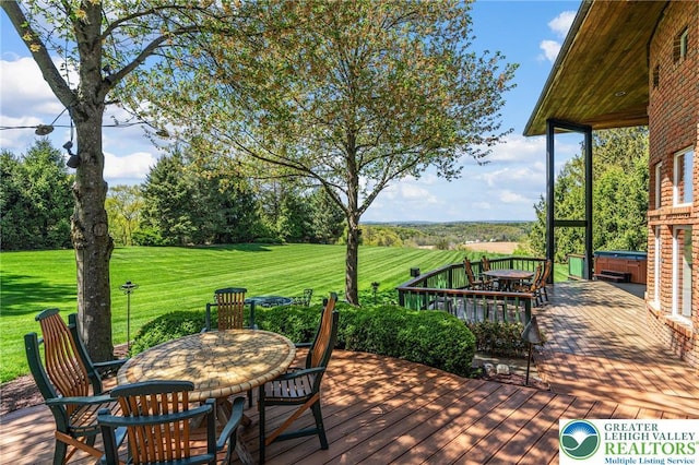 2342 Bobby Ct, South Whitehall Twp, PA 18069 - wooden terrace with outdoor dining space, a yard, and a hot tub