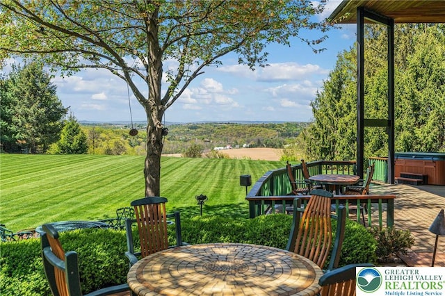 2342 Bobby Ct, South Whitehall Twp, PA 18069 - view of patio featuring a hot tub, a deck, and a rural view