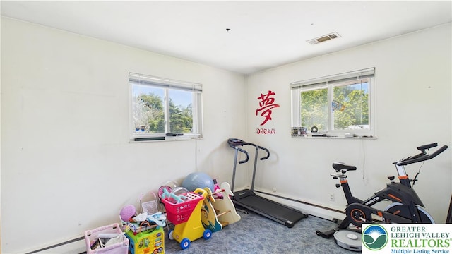 4168 Orefield Rd, South Whitehall Twp, PA 18104 - exercise area with carpet floors, a baseboard heating unit, and baseboards