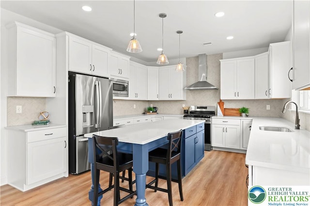 4779 Farrcroft Dr Unit 90, Forks Twp, PA 18040 - kitchen with wall chimney exhaust hood, stainless steel appliances, a sink, a center island, and white cabinets