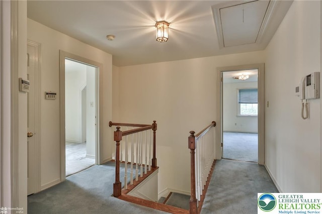 1551 Wethersfield Dr, South Whitehall Twp, PA 18104 - hallway with attic access, carpet, an upstairs landing, and baseboards