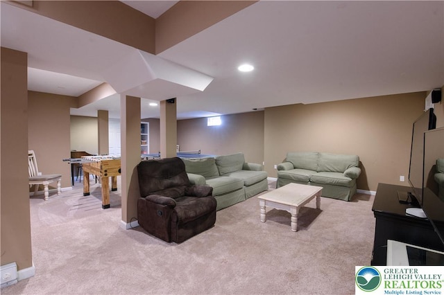 living room with light colored carpet, baseboards, and recessed lighting