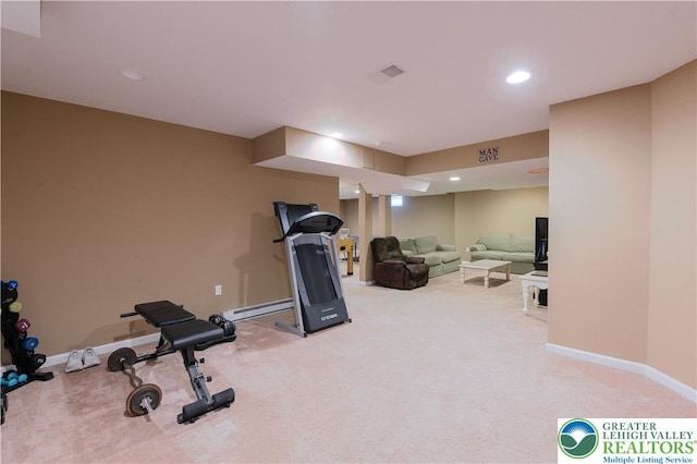 workout area featuring carpet, baseboards, a baseboard heating unit, and recessed lighting