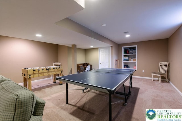 rec room featuring light carpet, baseboards, and recessed lighting