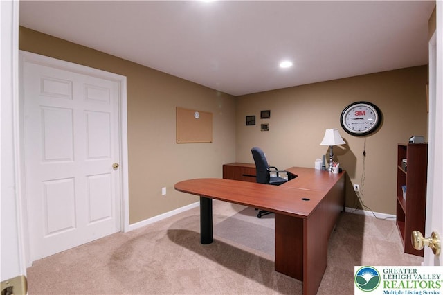 office area with light carpet, baseboards, and recessed lighting