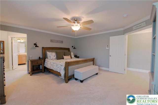 bedroom with light carpet, ornamental molding, a ceiling fan, baseboards, and connected bathroom