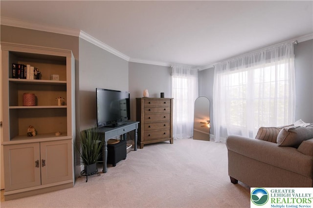 living area with ornamental molding and light carpet