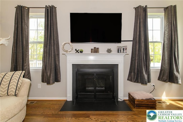 living area featuring wood finished floors, baseboards, a fireplace with flush hearth, and healthy amount of natural light
