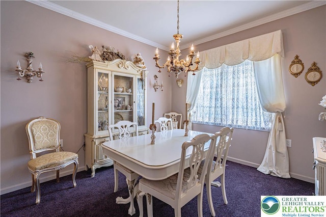 dining space with a chandelier, dark colored carpet, crown molding, and baseboards