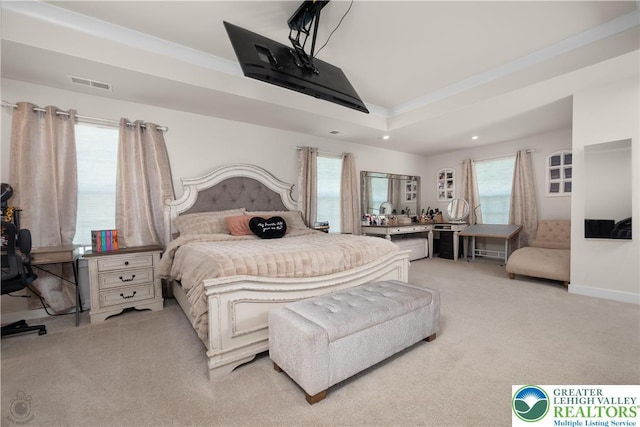 bedroom featuring light colored carpet and recessed lighting