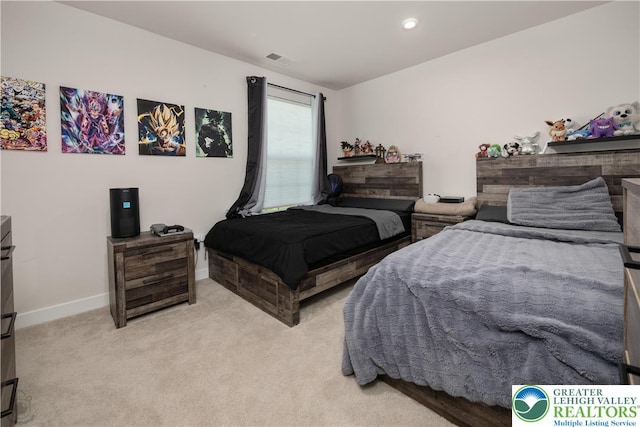 bedroom with light carpet, baseboards, and recessed lighting
