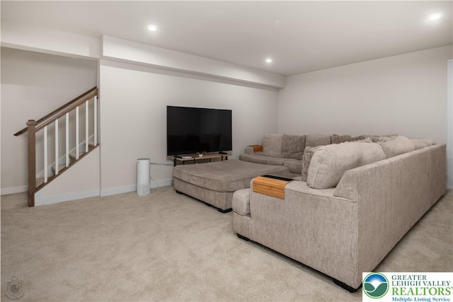 living area featuring stairway, carpet floors, recessed lighting, and baseboards