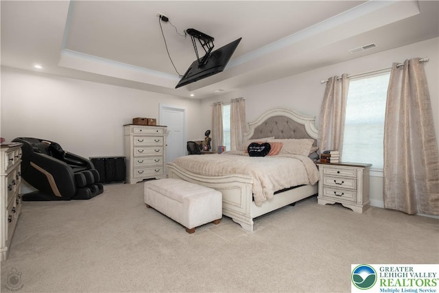 bedroom featuring a raised ceiling, light carpet, and recessed lighting
