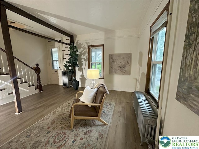 living area featuring wood finished floors, radiator, stairway, and baseboards