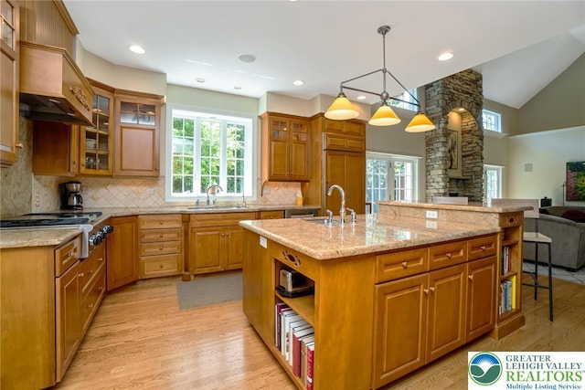 kitchen featuring a sink, tasteful backsplash, healthy amount of natural light, high vaulted ceiling, and recessed lighting