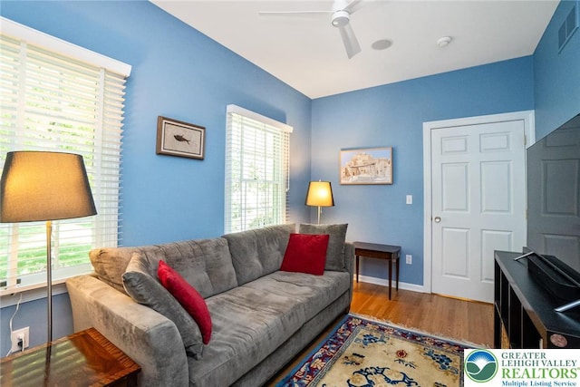 living area featuring a ceiling fan, healthy amount of natural light, and wood finished floors