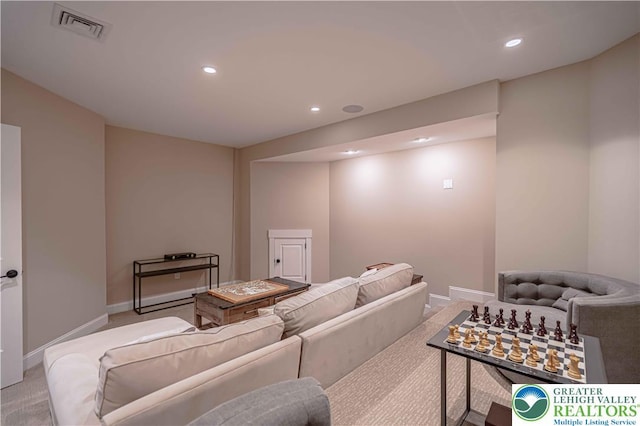 cinema with light colored carpet, recessed lighting, and baseboards