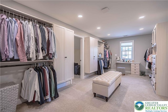 spacious closet featuring light colored carpet