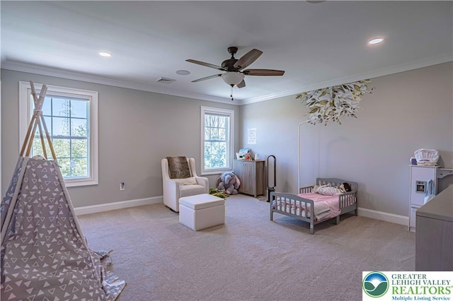 bedroom with crown molding, carpet flooring, baseboards, recessed lighting, and a ceiling fan
