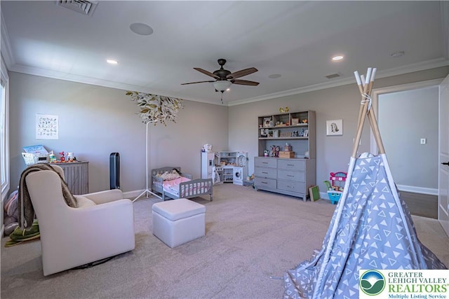 bedroom with ornamental molding, carpet floors, recessed lighting, baseboards, and a ceiling fan