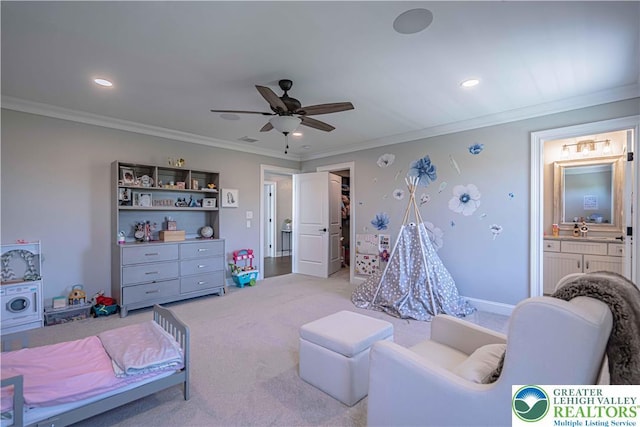 bedroom with ornamental molding, light carpet, recessed lighting, ensuite bathroom, and a ceiling fan