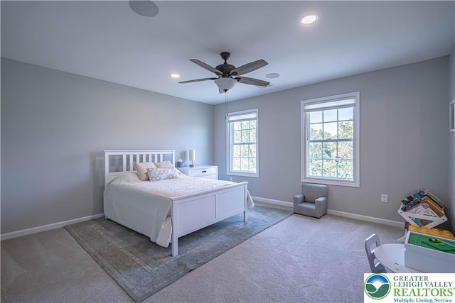 bedroom with carpet, baseboards, recessed lighting, and ceiling fan