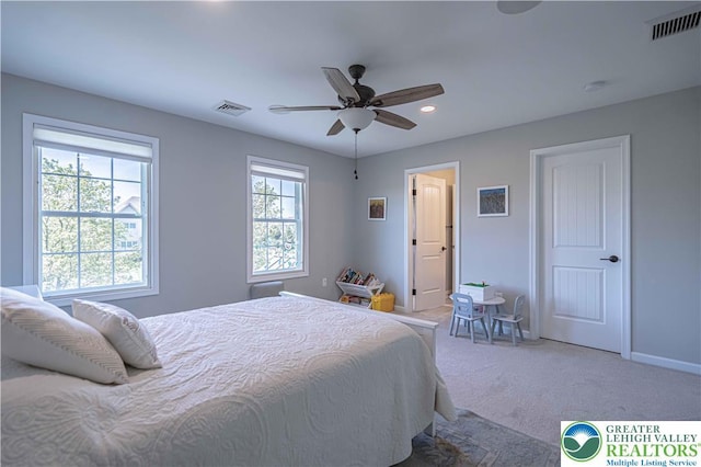 carpeted bedroom with baseboards, recessed lighting, and ceiling fan
