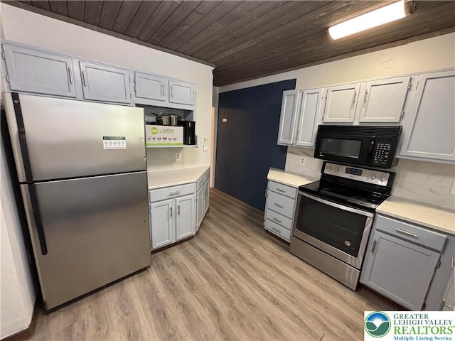 330 18th St, Allentown City, PA 18104 - kitchen featuring appliances with stainless steel finishes, light countertops, wooden ceiling, gray cabinetry, and light wood-style flooring