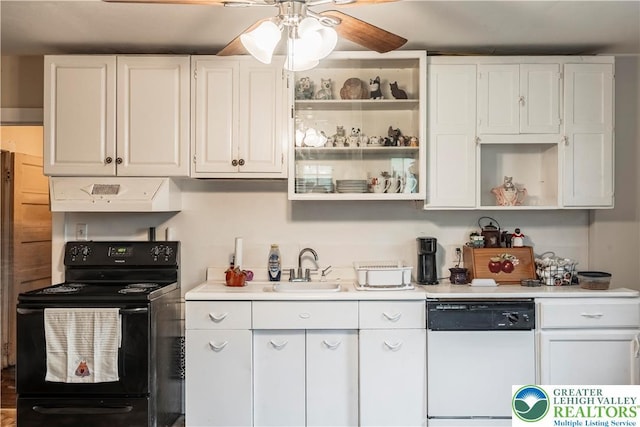 kitchen with black range with electric cooktop, dishwasher, open shelves, under cabinet range hood, and ceiling fan