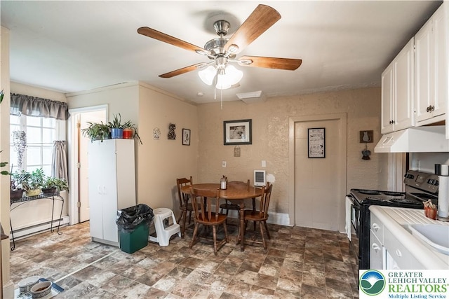 dining room featuring a baseboard radiator, ceiling fan, and stone finish floors