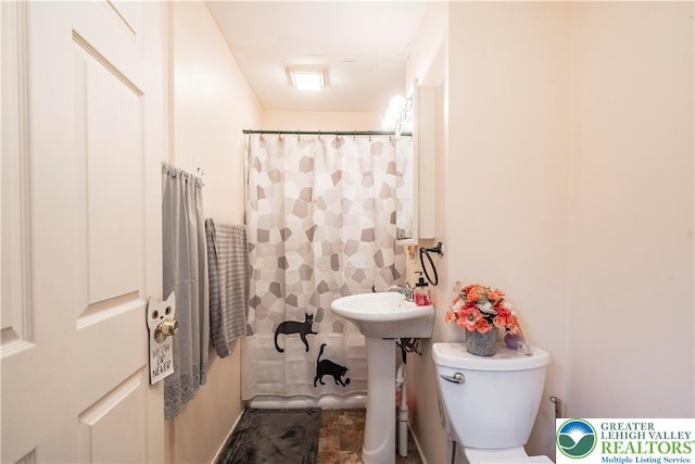 bathroom featuring toilet, a sink, and a shower with curtain