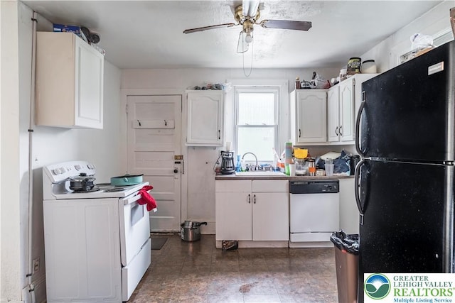 kitchen featuring white appliances, a sink, a ceiling fan, and white cabinets